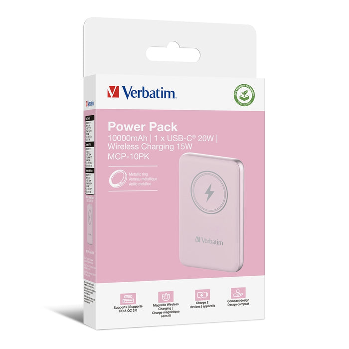 Verbatim MCP-10PK Power Pack 10000 mAh with UBS-C PD 20W / Magnetic Wireless Charging 15W Pink