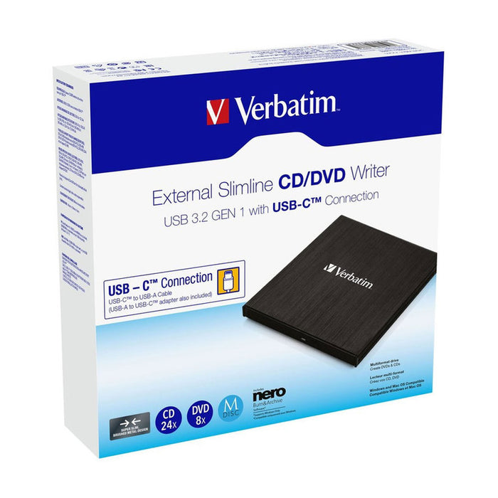 Verbatim External Slimline CD/DVD Writer USB 3.2 Gen 1/USB-C