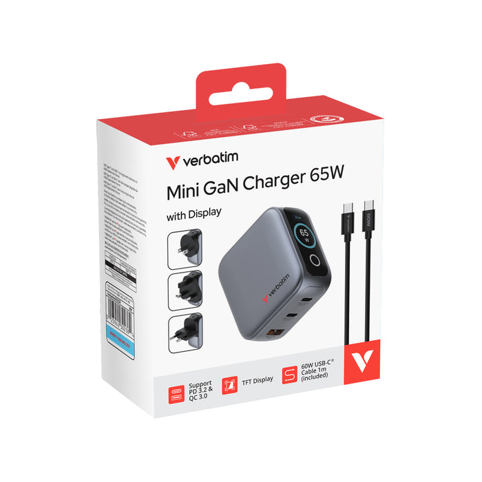 Verbatim Mini GaN Charger 65W with Display + 60W USB-C to USB-C Cable (Charger and Data transfer) Grey