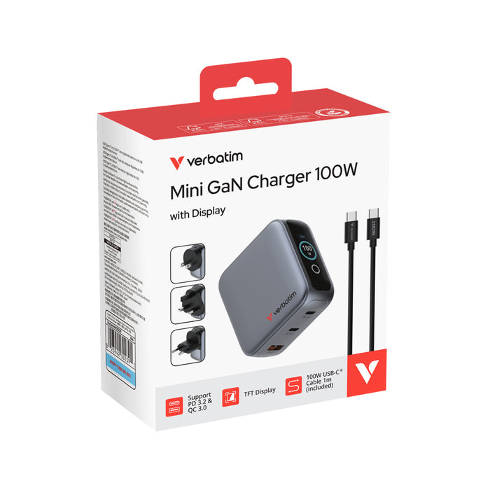 Verbatim Mini GaN Charger 100W with Display + 100W USB-C to USB-C Cable (Charger and Data transfer) Grey