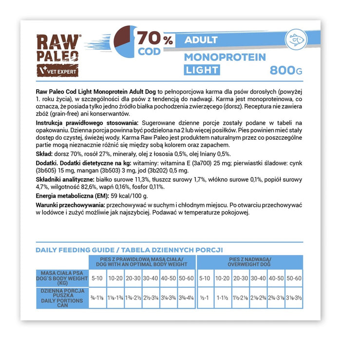 VETEXPERT Raw Paleo Cod Light Monoprotein - wet dog food - 800g