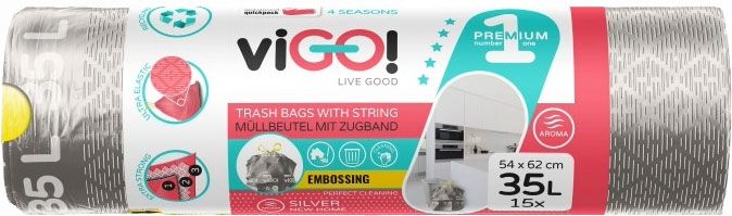 GARBAGE BAGS SILVER 35L WITH TIE 15PCS. PREMIUM #1 VIGO