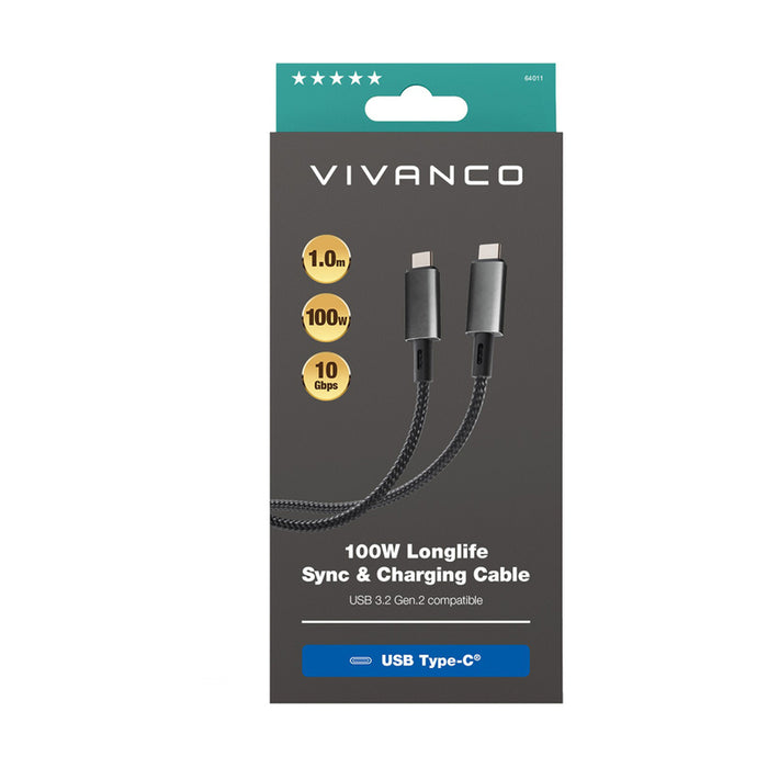 Cable VIVANCO USB C 3.2 LONGLIFE 1 m 64011 up to 100 W and up to 10 Gbps