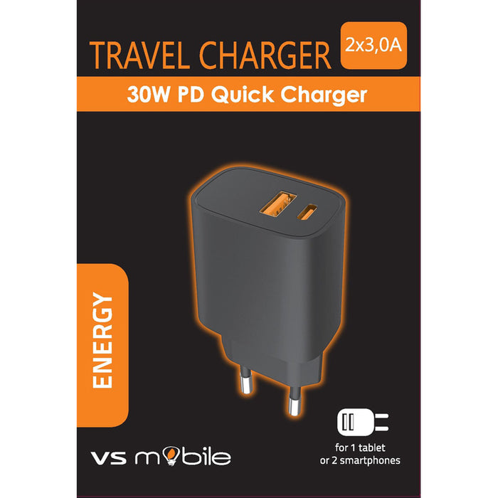 CHARGED FROM EL. NETWORK VSMOBILE 220V 30W PD USB-A+USB-C BLACK