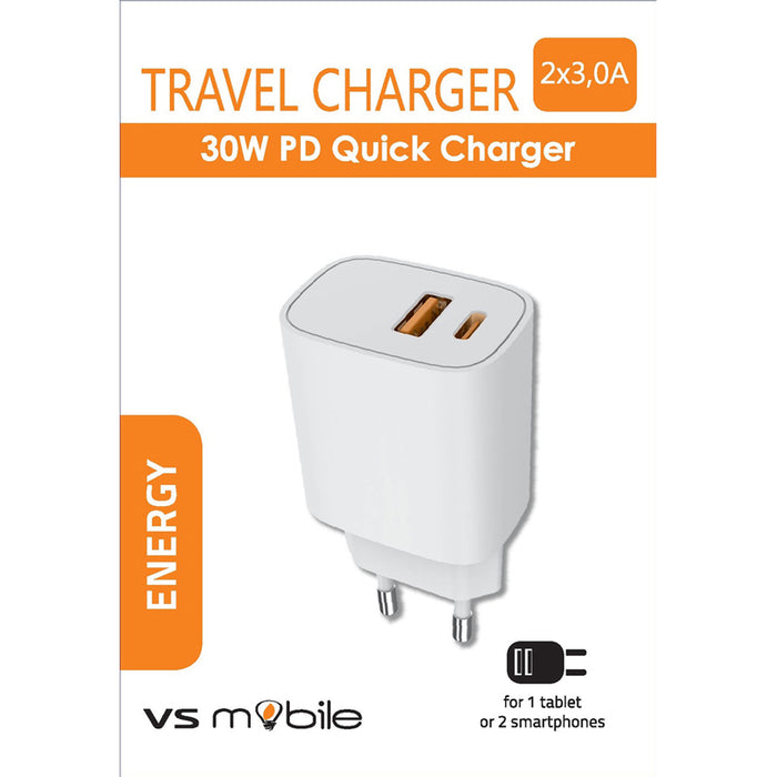 CHARGED FROM EL. VSMOBILE NETWORK 220V 30W PD USB-A+USB-C WHITE