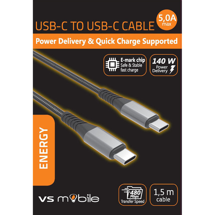 CABLE USB-C PD 140W, 5A, 1.5 m BLACK