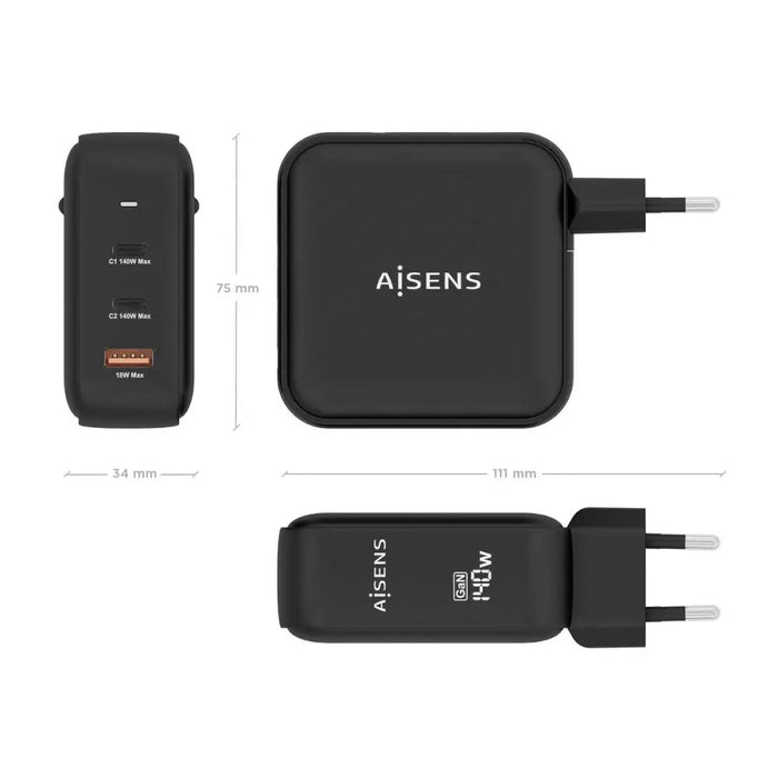 Wall Charger Aisens ASCH-140W3P031-BK 140 W Black (1 Unit) - Електроника Телефони и таблети<<<Компютри|