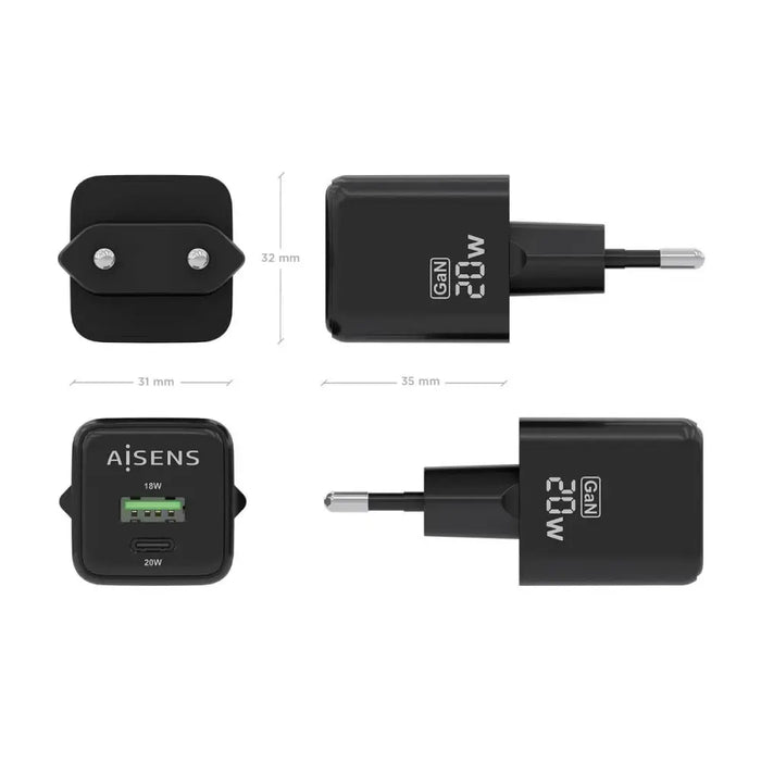Wall Charger Aisens ASCH-20W2P011-BK 20 W Black (1 Unit) - Електроника Телефони и таблети<<<Компютри|