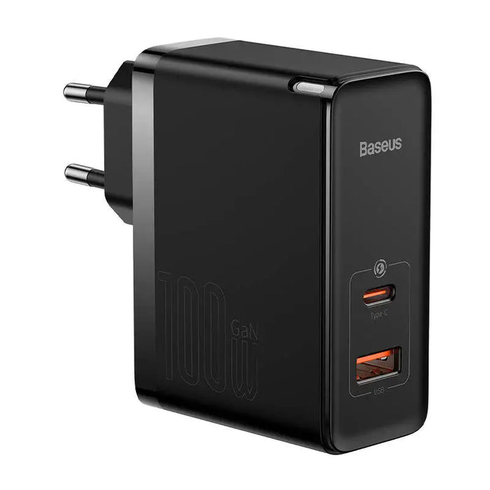 Wall charger Baseus GaN USB-C + USB 100W + 1m cable (black) - mains chargers<<<Chargers<<<GSM