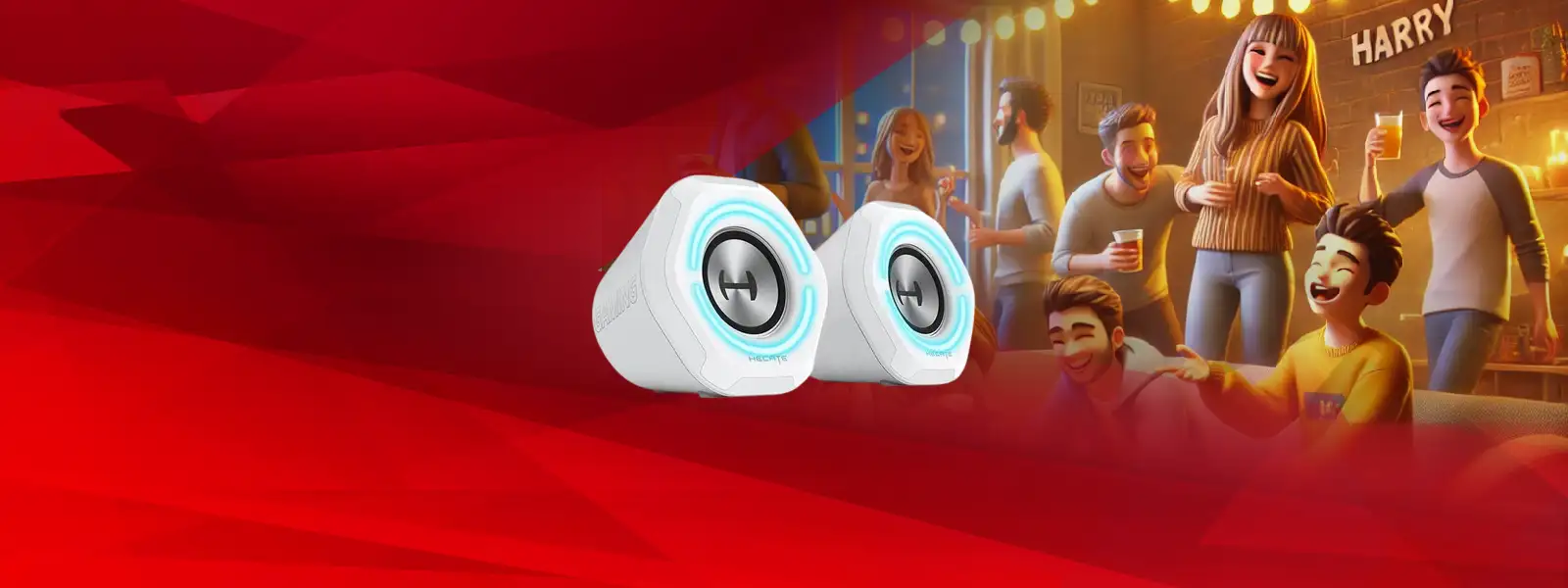 White hexagonal speakers with glowing blue circular accents around the drivers