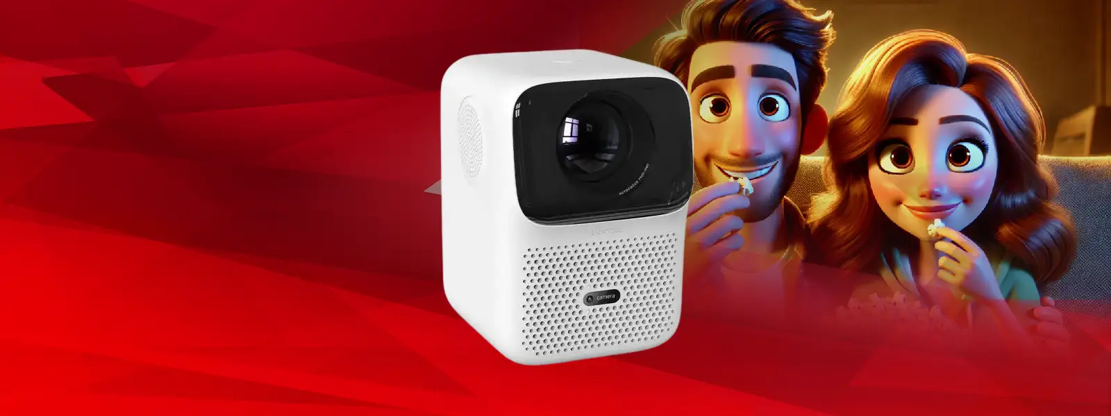 White rectangular projector with black lens and perforated front panel