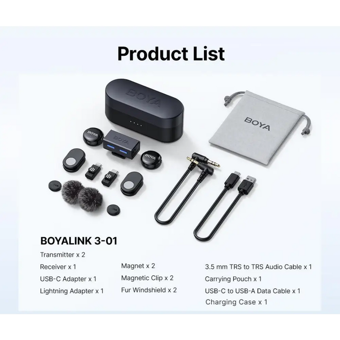 Wireless microphone system BOYA BOYALINK 3-01 with lightning + USB-C +3.5mm TRS plug - Микрофони<<<Компютърна