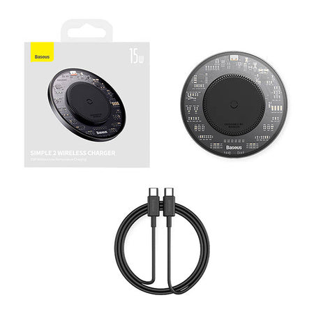 Wireless Qi inductive charger Baseus Simple 2 15W with USB-C to USB-C cable (black) - Wireless