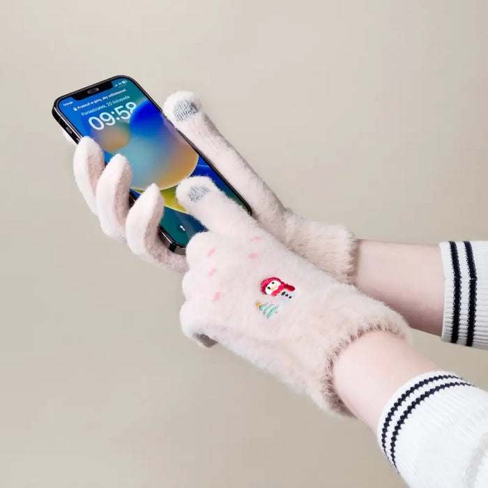 Women’s winter telephone gloves with a snowman and a Christmas tree - beige - Cycling gloves<<<HurtelXML