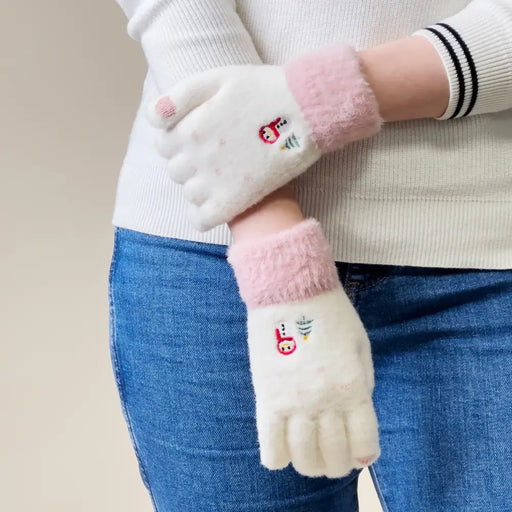 Women’s winter telephone gloves with a snowman and a Christmas tree - white and pink - Cycling gloves<<<HurtelXML