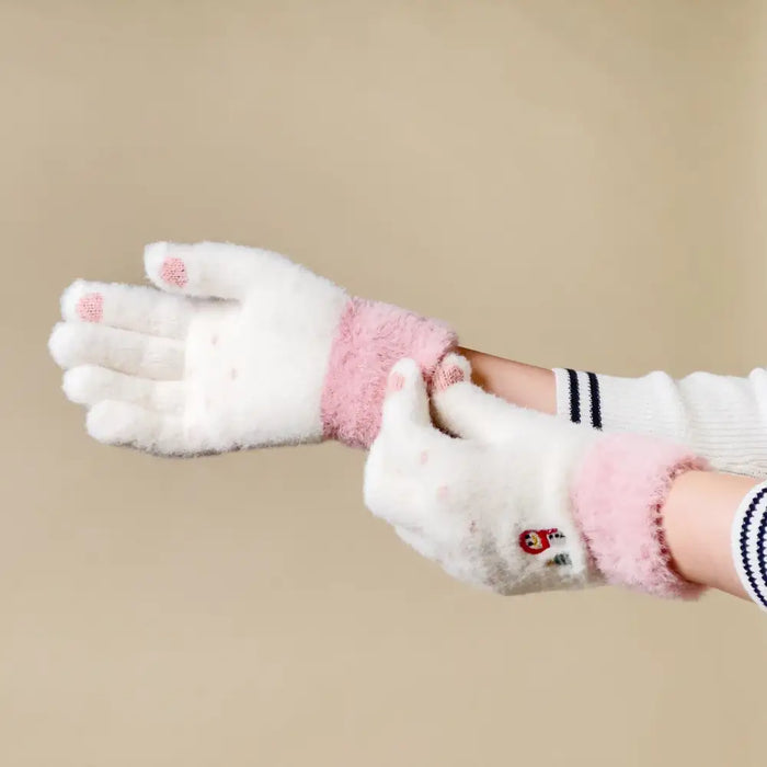Women’s winter telephone gloves with a snowman and a Christmas tree - white and pink - Cycling gloves<<<HurtelXML