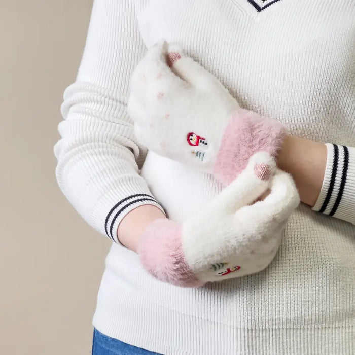 Women’s winter telephone gloves with a snowman and a Christmas tree - white and pink - Cycling gloves<<<HurtelXML