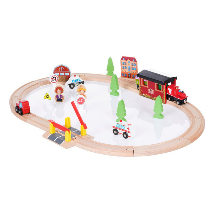 WOODEN RAILWAY COMPOSITE. WITH TRAIN BRIDGE AND FENCES, 70 PIECES