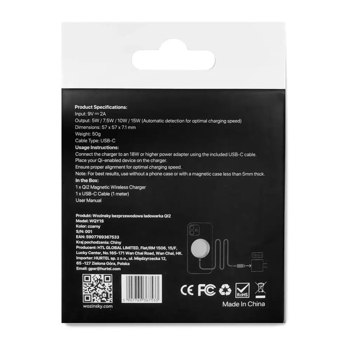 Wozinsky 15W Wireless Qi2 Inductive Charger - Black - Ładowarki indukcyjne<<<HurtelXML