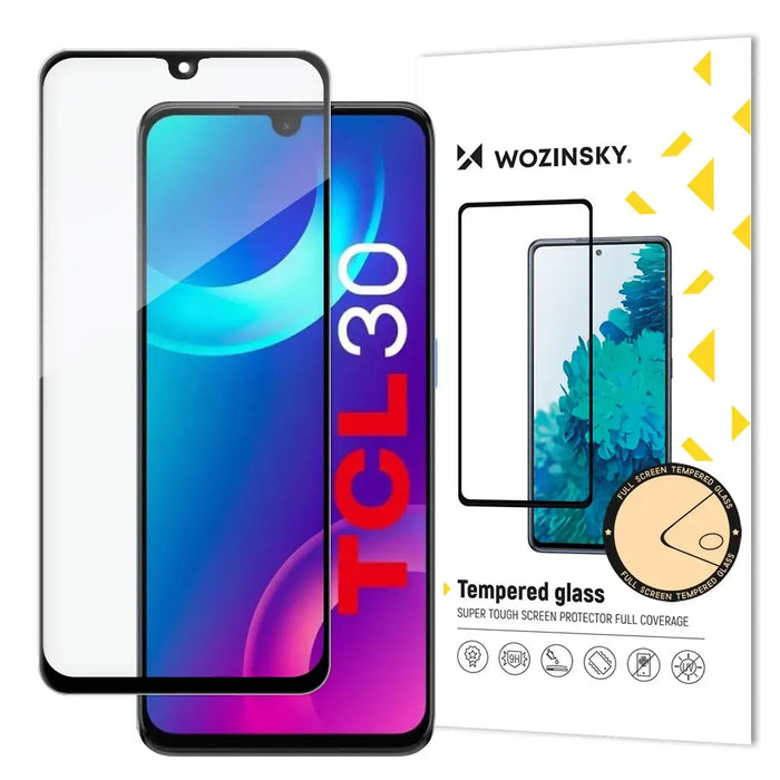 Wozinsky super durable Full Glue tempered glass full screen with Case Friendly TCL 30 black frame - Cell phone tempered