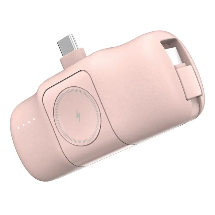 Wozinsky WF16-YCS 5000mAh 15W USB-C Mini Power Bank with Built-in USB-C Cable and Apple Watch Charger - Pink