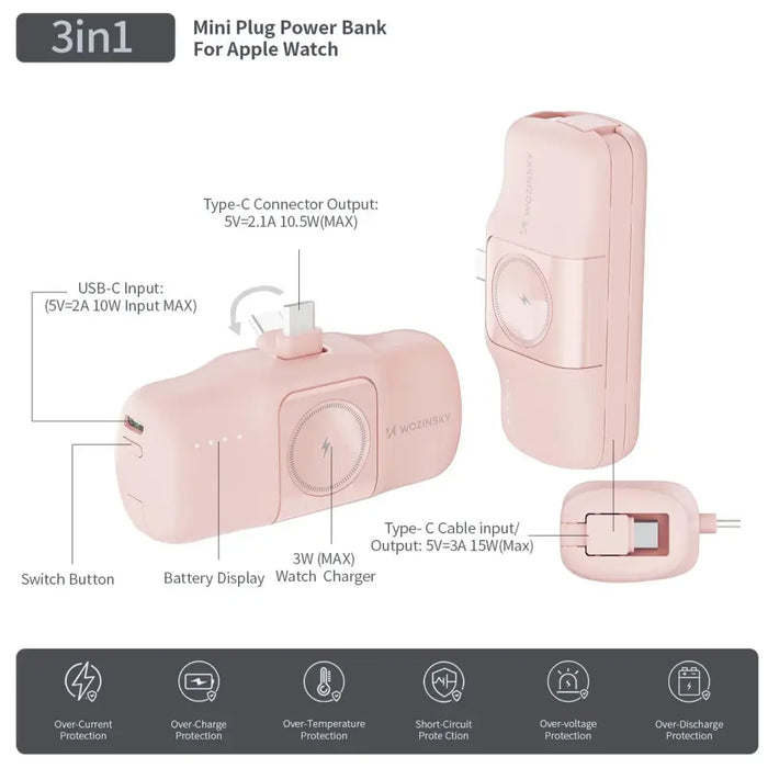 Wozinsky WF16-YCS 5000mAh 15W USB-C Mini Power Bank with Built-in USB-C Cable and Apple Watch Charger - Pink