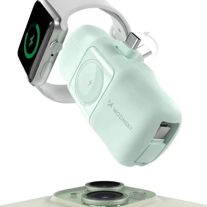 Wozinsky WF16-YCS 5000mAh 15W USB-C Mini Power Bank with Built-in USB-C Cable and Apple Watch Charger - Green