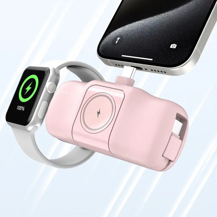 Wozinsky WF16-YCS 5000mAh 15W USB-C Mini Power Bank with Built-in USB-C Cable and Apple Watch Charger - Pink