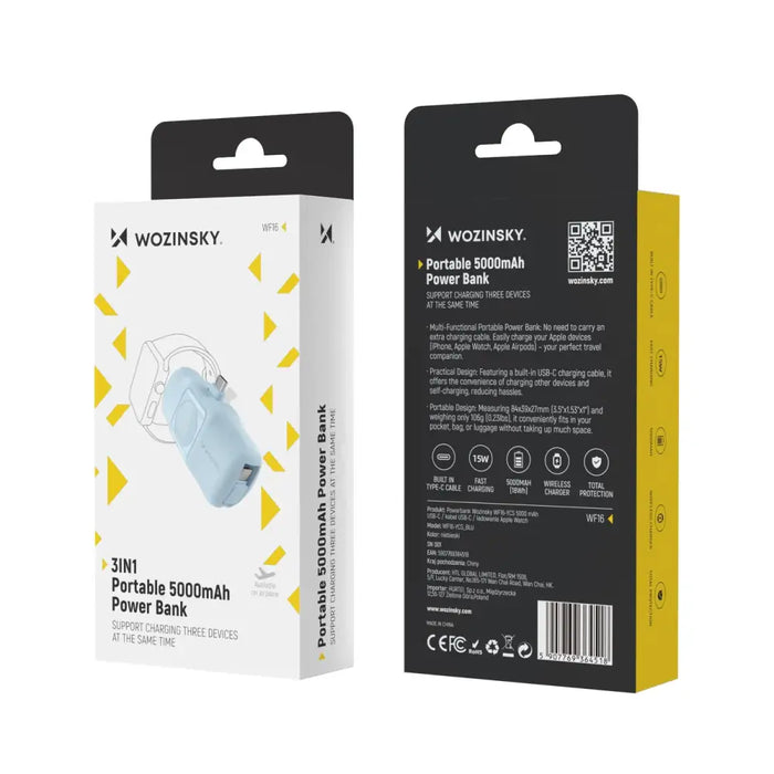 Wozinsky WF16-YCS 5000mAh 15W USB-C Mini Power Bank with Built-in USB-C Cable and Apple Watch Charger - Blue