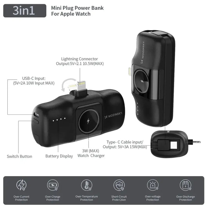 Wozinsky WF16-YLS 5000mAh 15W Lightning Mini Power Bank with Built-in USB-C Cable and Apple Watch Charger - Black