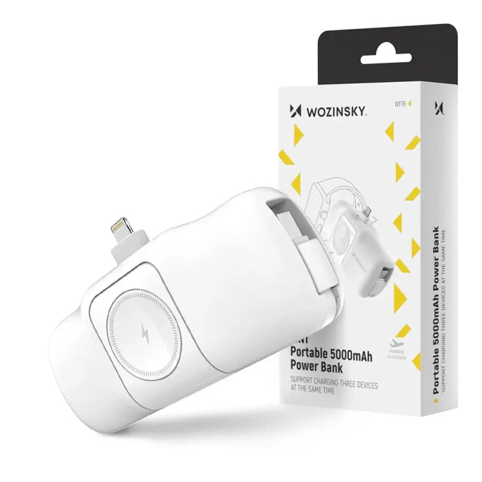 Wozinsky WF16-YLS 5000mAh 15W Lightning Mini Power Bank with Built-in USB-C Cable and Apple Watch Charger - White