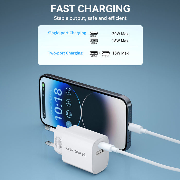 Wozinsky WGWCW USB-A USB-C 20W wall charger - white