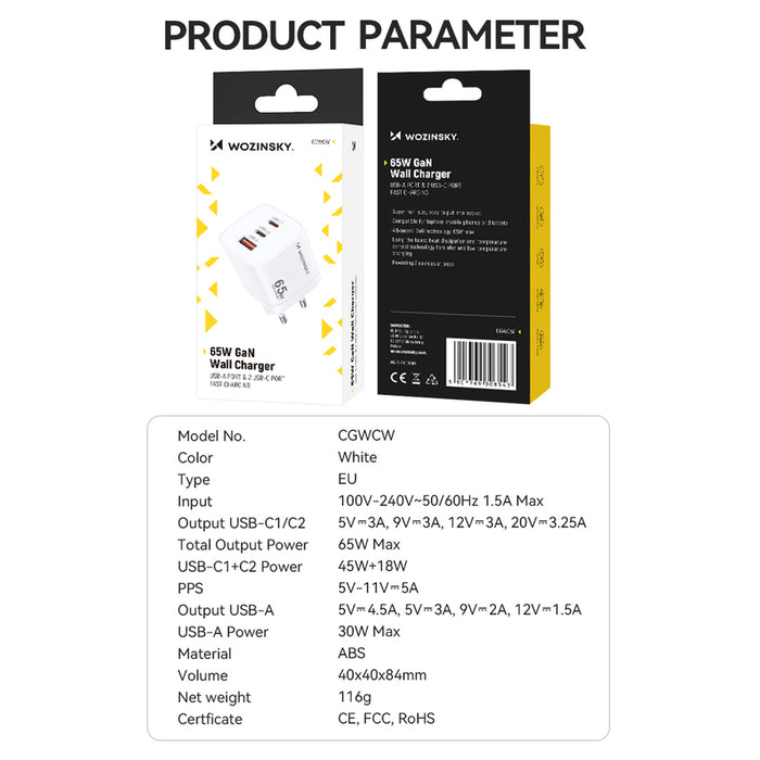 Wozinsky CGWCW 65W GaN Wall Charger USB-A / 2 x USB-C - White