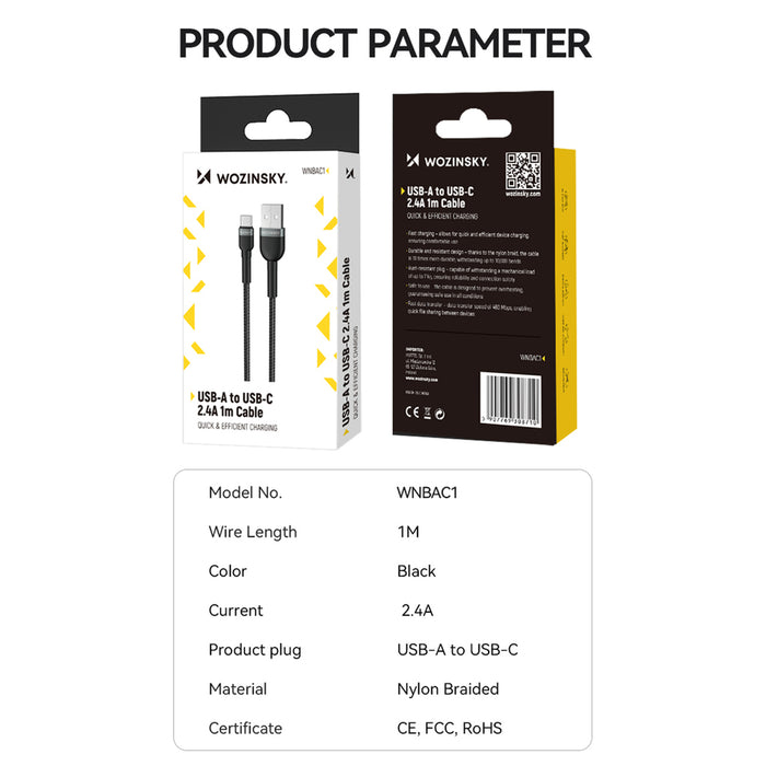 Wozinsky WNBAC2 USB-A / USB-C 2.4A cable 2 m - black