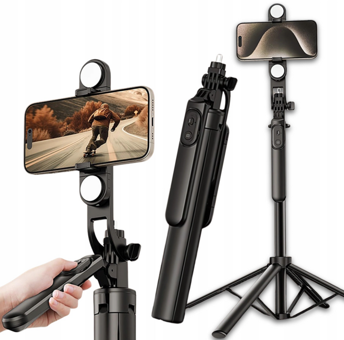 Selfie stick WH181D-Y1S 1.75m aluminum alloy telescopic tripod with dual lamp and phone holder - black