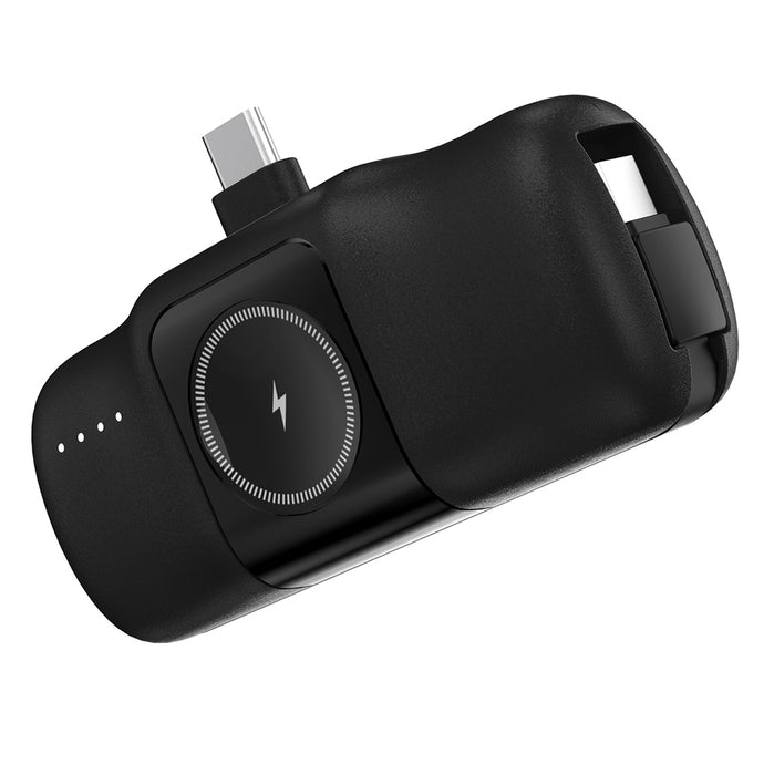 Wozinsky WF16-YCS 5000mAh 15W USB-C Mini Power Bank with Built-in USB-C Cable and Apple Watch Charger - Black