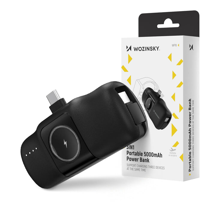 Wozinsky WF16-YCS 5000mAh 15W USB-C Mini Power Bank with Built-in USB-C Cable and Apple Watch Charger - Black