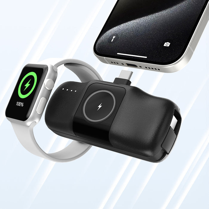 Wozinsky WF16-YCS 5000mAh 15W USB-C Mini Power Bank with Built-in USB-C Cable and Apple Watch Charger - Black