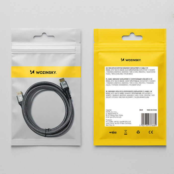 Wozinsky WPS-16AYL1S DisplayPort 2.1 Cable 80 Gb/s 16K@60Hz 8K@120Hz 4K@240Hz HDR HDCP DSC 1m - Black
