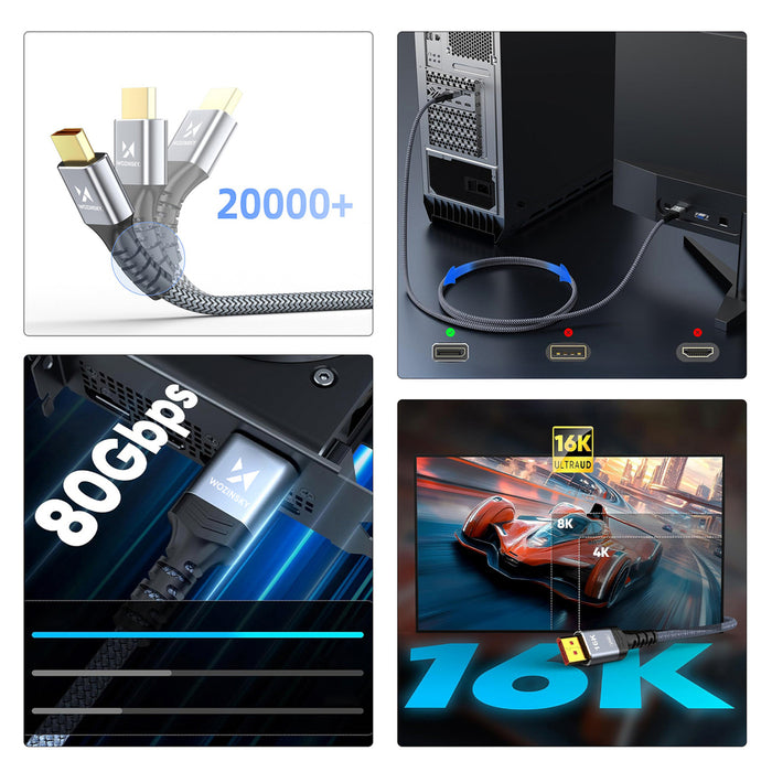 Wozinsky WPS-16AYL1S DisplayPort 2.1 Cable 80 Gb/s 16K@60Hz 8K@120Hz 4K@240Hz HDR HDCP DSC 1m - Black