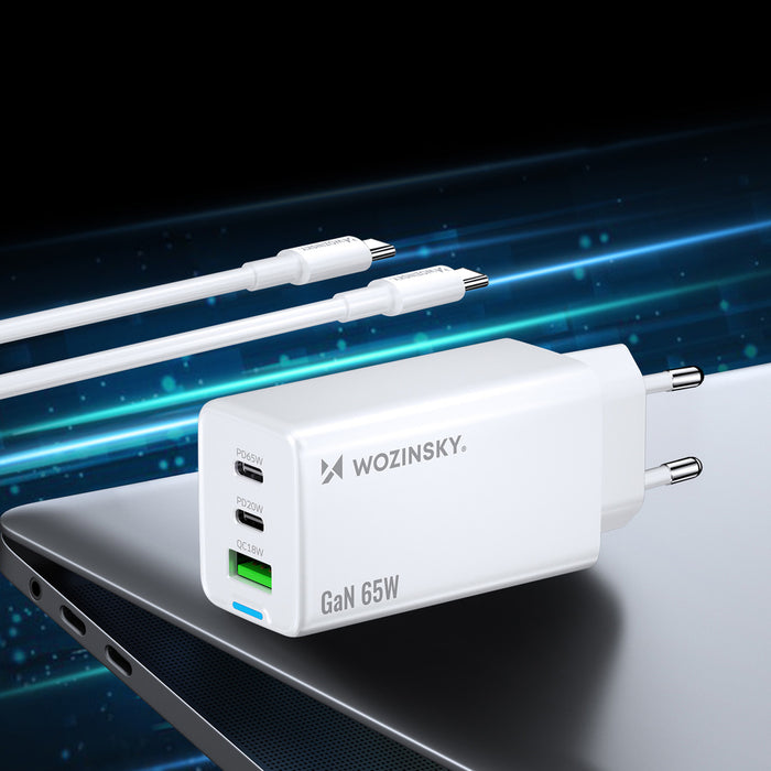 Wozinsky GaN 65W Charger with 2xUSB-C USB Ports with 65W CC Cable - White
