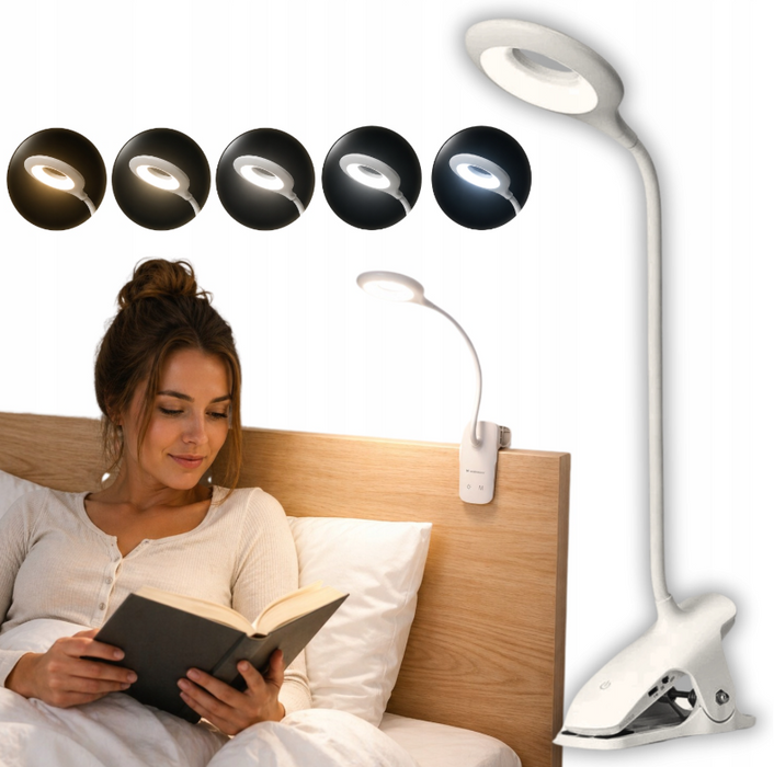 Mini Wozinsky Wireless LED Reading Lamp with Clip + USB-C Cable - White