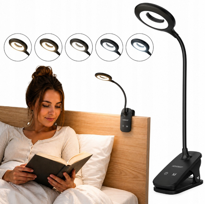 Mini Wozinsky Wireless LED Reading Lamp with Clip + USB-C Cable - Black