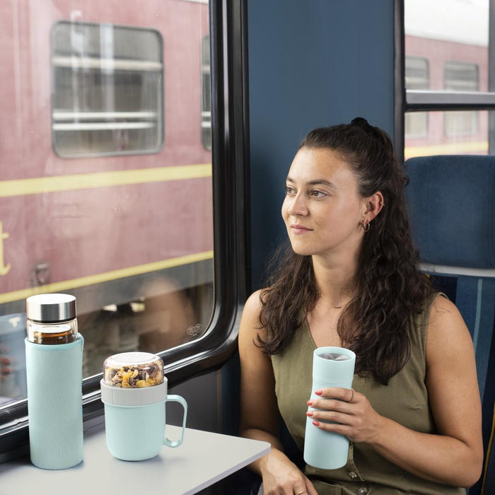 Xavax To Go Thermos Mug, 400 ml, Insulated, Beverage Hole, Pastel Blue