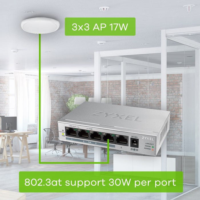 Switch ZyXEL GS1005-HP, 5-port gigabit unmanaged PoE+, 60W