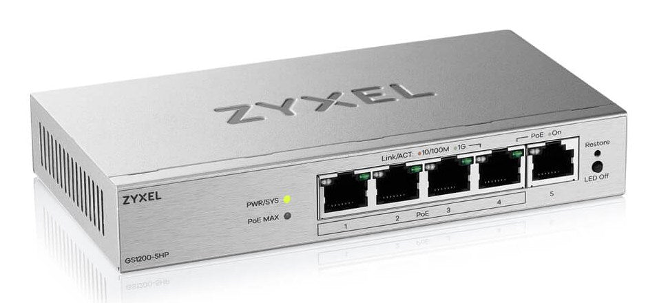 ZyXEL GS1200-5HP v3, 5 Port Gigabit PoE+ webmanaged Desktop Switch, 4x PoE, 68 Watt