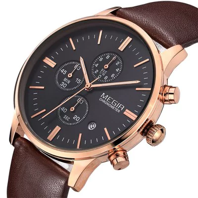 Men's waterproof quartz watch with leather strap MEGIR 2011