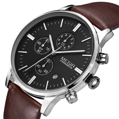 Men's waterproof quartz watch with leather strap MEGIR 2011