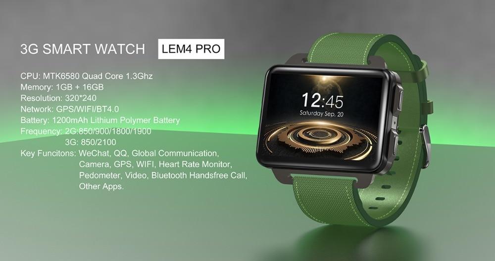 LEMFO LEM4 PRO Smart watch MTK6580, SIM card,  Android 5.1, 1GB + 16GB 1200mAh battery Wifi 3G video call