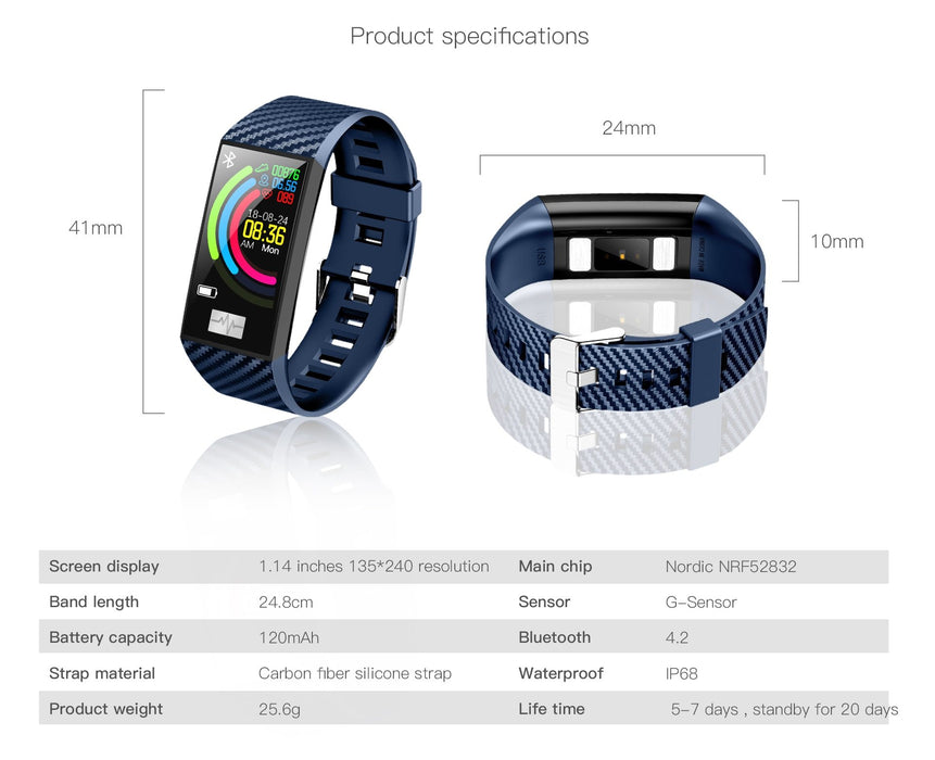 Fitness smart bracelet F98 1.14 a large display, monitor pulse, ECG graph blood pressure, IP68 waterproof